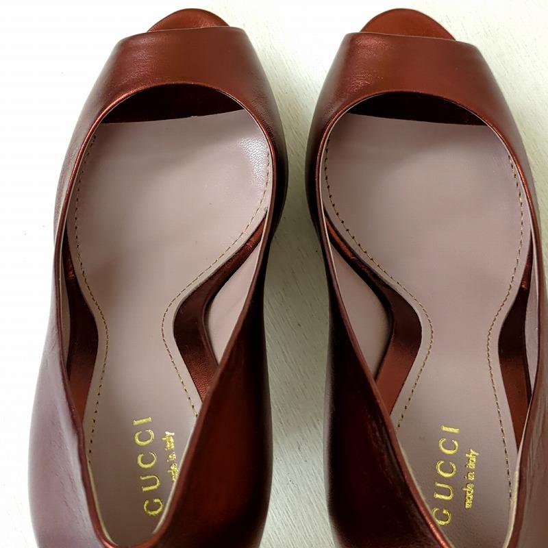 グッチ GUCCI パンプス レザー オープントゥ ハイヒール 厚底 37 赤茶 イタリア製_6