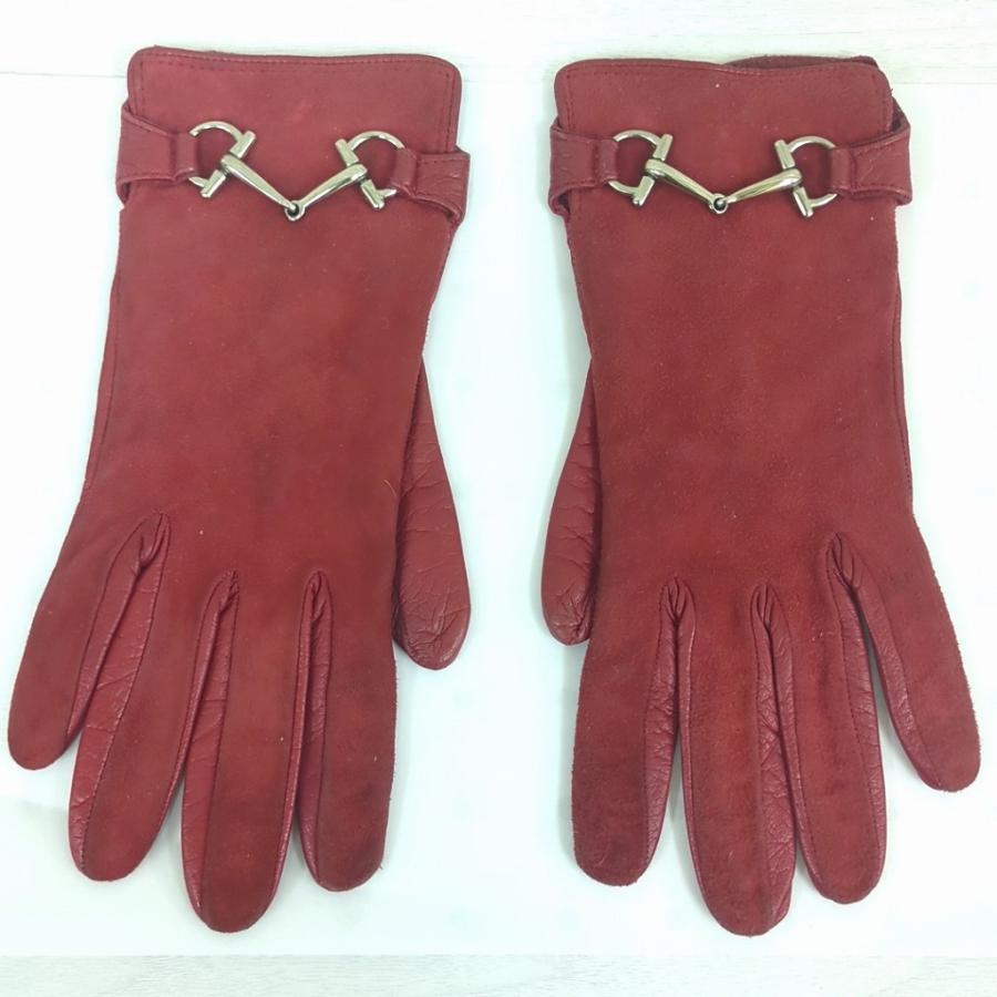 GUCCI（グッチ） 手袋 赤 レザー シルク ホースビット グローブ レッド