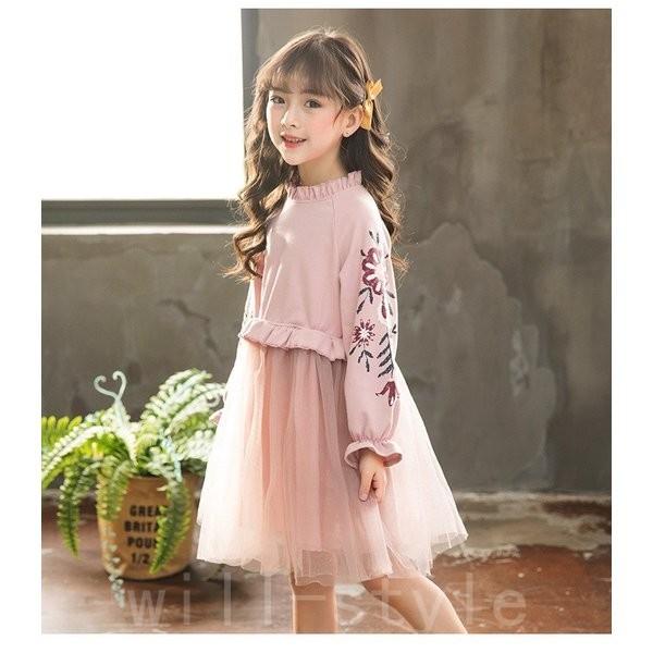 子供服ワンピース女の子秋冬長袖チュールワンピース花柄ワンピースキッズ可愛い発表会 卒園式 入学式 パーティワンピース 国内配送
