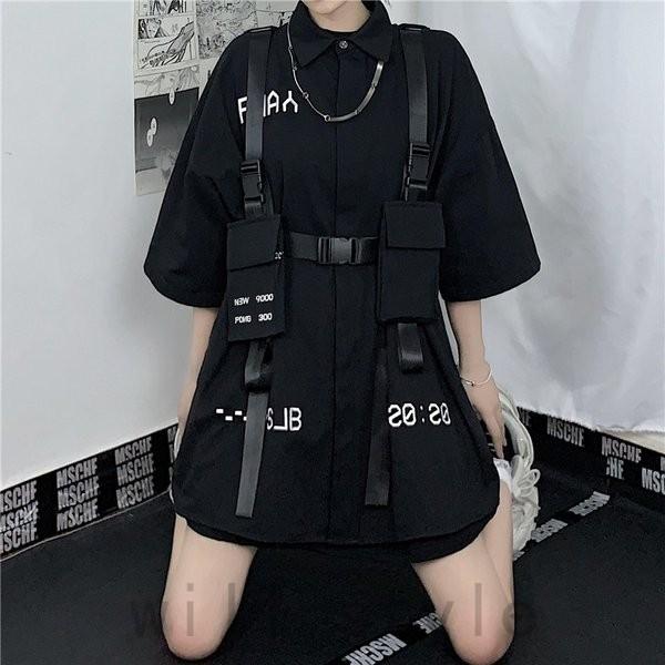 シャツ韓国オルチャンストリートダンス衣装ハーネスベルトロゴ半袖原宿系V系ブラウス黒HIPHOPトップス :joy-3kvz2afp:Will Style - 通販 - Yahoo!ショッピング