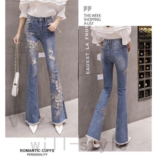 フレアデニムパンツビーズレースパール花柄韓国オルチャンきれいめかわいいダメージ原宿系ストリートボトムスジーンズ Absrucpkyq レディースファッション Www Elghoniemy Com