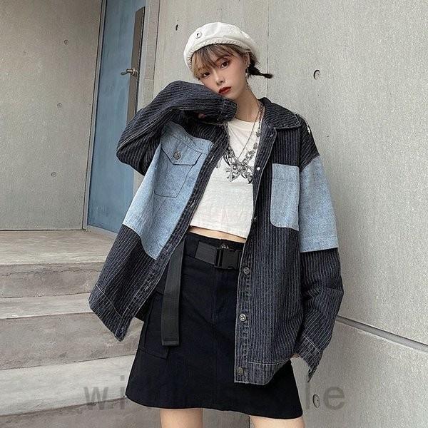 デニムジャケット韓国オルチャンストリートダンス衣装原宿系ワークシャツ切替hiphopジーンズgジャンアウタートップス 58 Off