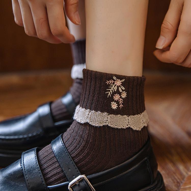 ソックス 2足セット レースフリル ガーリー かわいい ショート靴下 ショートソックス レディース フリルソックス コットン レース 花柄刺繍 靴下 |  | 01