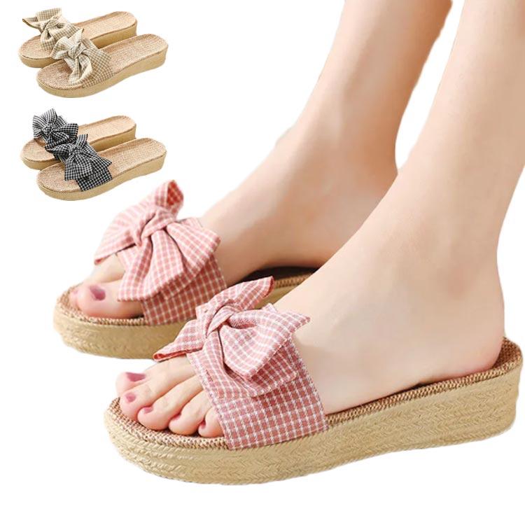 レディース 四節 リネンスリッパ チェック柄 軽量 履きやすい 夏 厚底 リボン かわいい ルームシューズ シューズ 夏靴 ルーム ロヒール 女性 シ | 