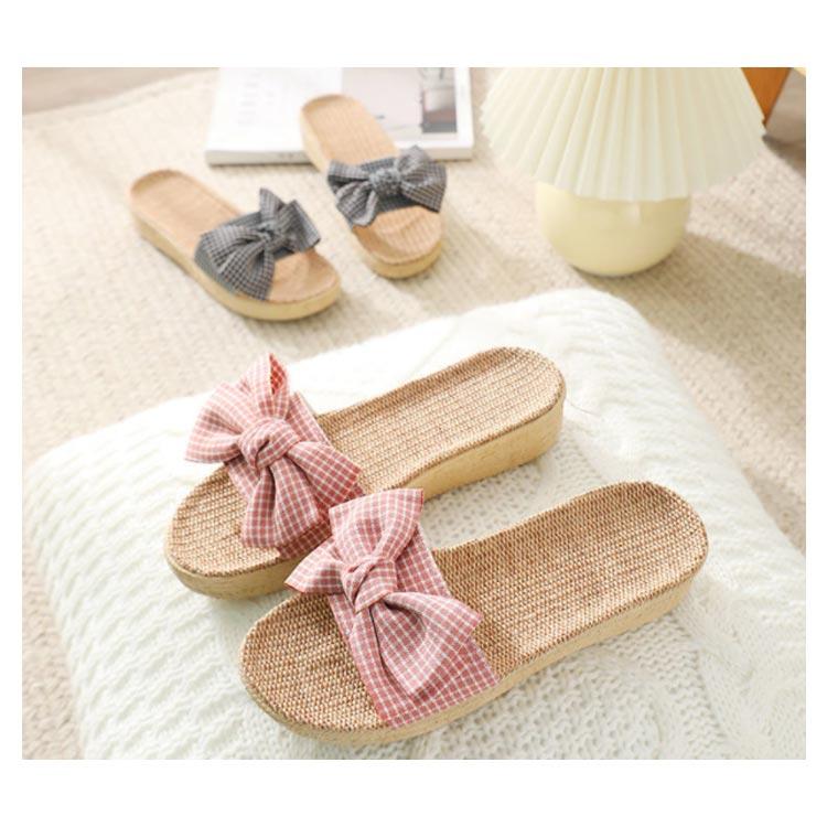 レディース 四節 リネンスリッパ チェック柄 軽量 履きやすい 夏 厚底 リボン かわいい ルームシューズ シューズ 夏靴 ルーム ロヒール 女性 シ |  | 12