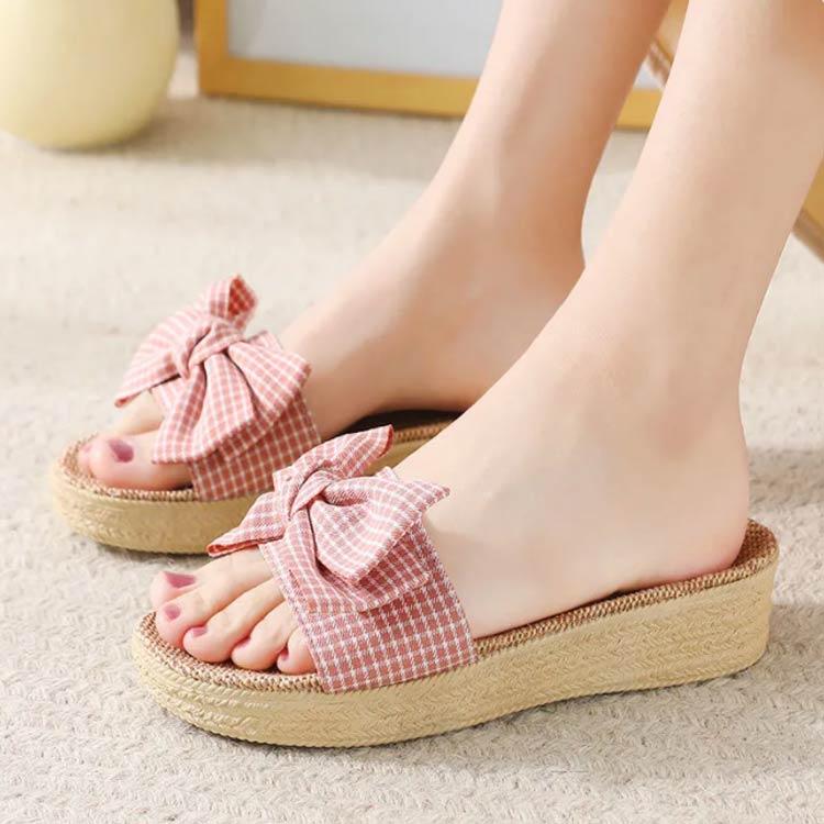 レディース 四節 リネンスリッパ チェック柄 軽量 履きやすい 夏 厚底 リボン かわいい ルームシューズ シューズ 夏靴 ルーム ロヒール 女性 シ |  | 01