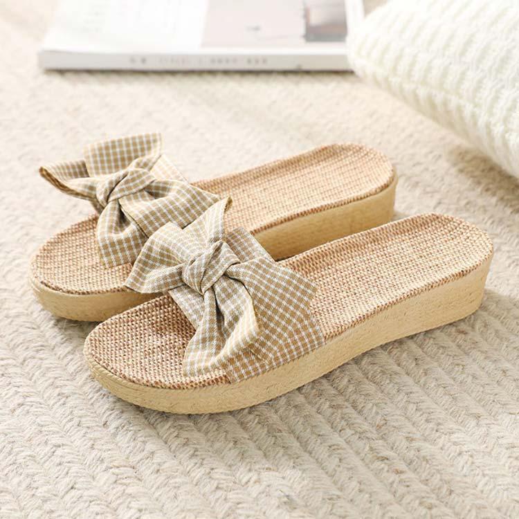レディース 四節 リネンスリッパ チェック柄 軽量 履きやすい 夏 厚底 リボン かわいい ルームシューズ シューズ 夏靴 ルーム ロヒール 女性 シ |  | 03