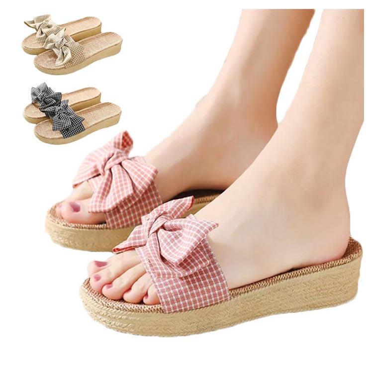 レディース 四節 リネンスリッパ チェック柄 軽量 履きやすい 夏 厚底 リボン かわいい ルームシューズ シューズ 夏靴 ルーム ロヒール 女性 シ |  | 05