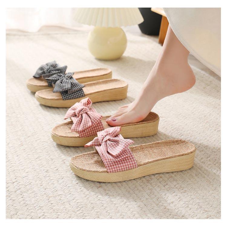 レディース 四節 リネンスリッパ チェック柄 軽量 履きやすい 夏 厚底 リボン かわいい ルームシューズ シューズ 夏靴 ルーム ロヒール 女性 シ |  | 09