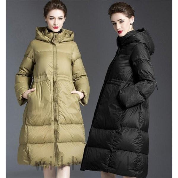 ダウンコートレディースロング丈Aラインダウン冬暖かい防寒服着痩せ