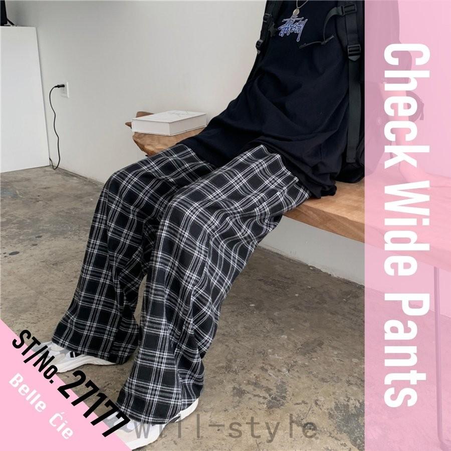 チェックワイドパンツ レディース 韓国 ストリートファッション ゆったり イージーパンツ 出荷
