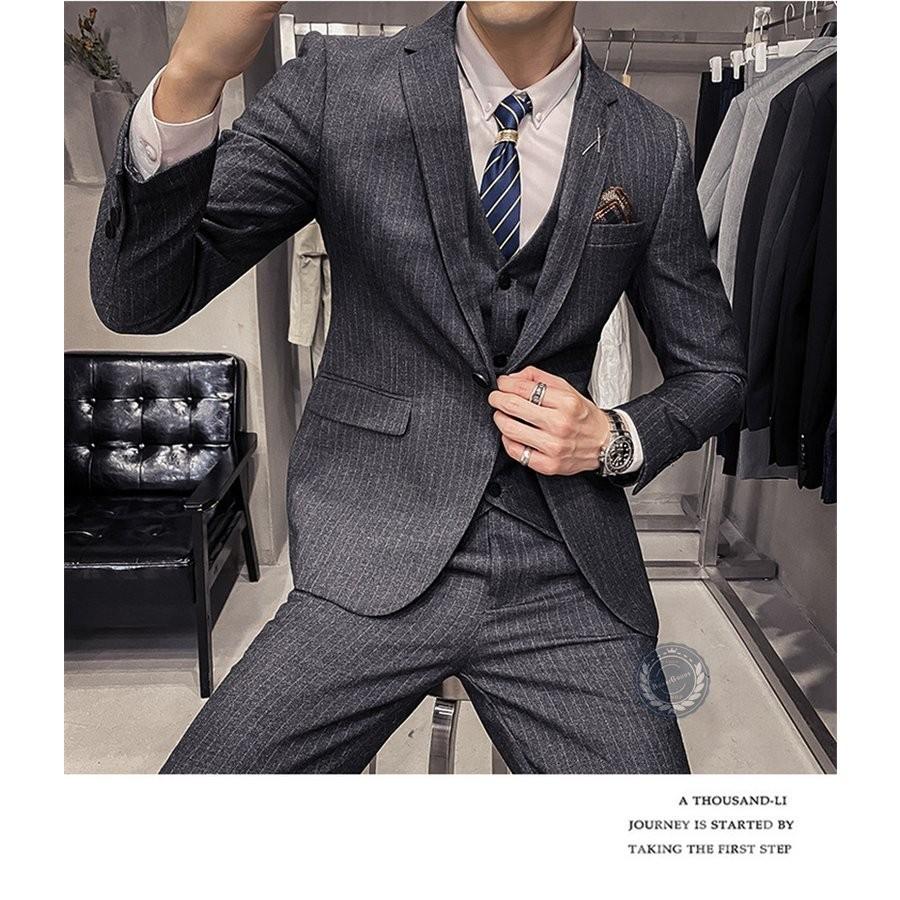 新しい ストライプ セットアップ ビジネススーツ スリーピース メンズ スーツ スリーピース ストライプ ビジネススーツ メンズ 3ピーススーツ 3ピーススーツ 通勤 3点セット ベスト 細身 ベスト付き カジュアルスーツ ビジネススーツ