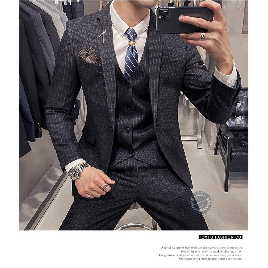 新しい ストライプ セットアップ ビジネススーツ スリーピース メンズ スーツ スリーピース ストライプ ビジネススーツ メンズ 3ピーススーツ 3ピーススーツ 通勤 3点セット ベスト 細身 ベスト付き カジュアルスーツ ビジネススーツ