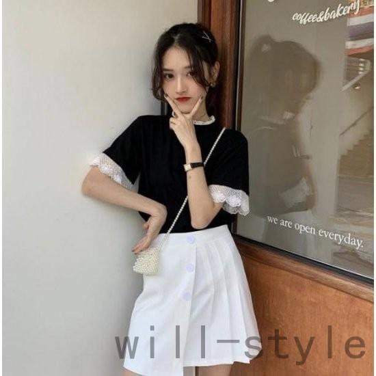 正規通販 レディース トップス Tシャツ 2色 レース 異素材 透け感 半袖 ゆったり 無地 ガーリー 春夏 韓国 オルチャン ファッション 半袖 カラー ホワイト Www We Job Com