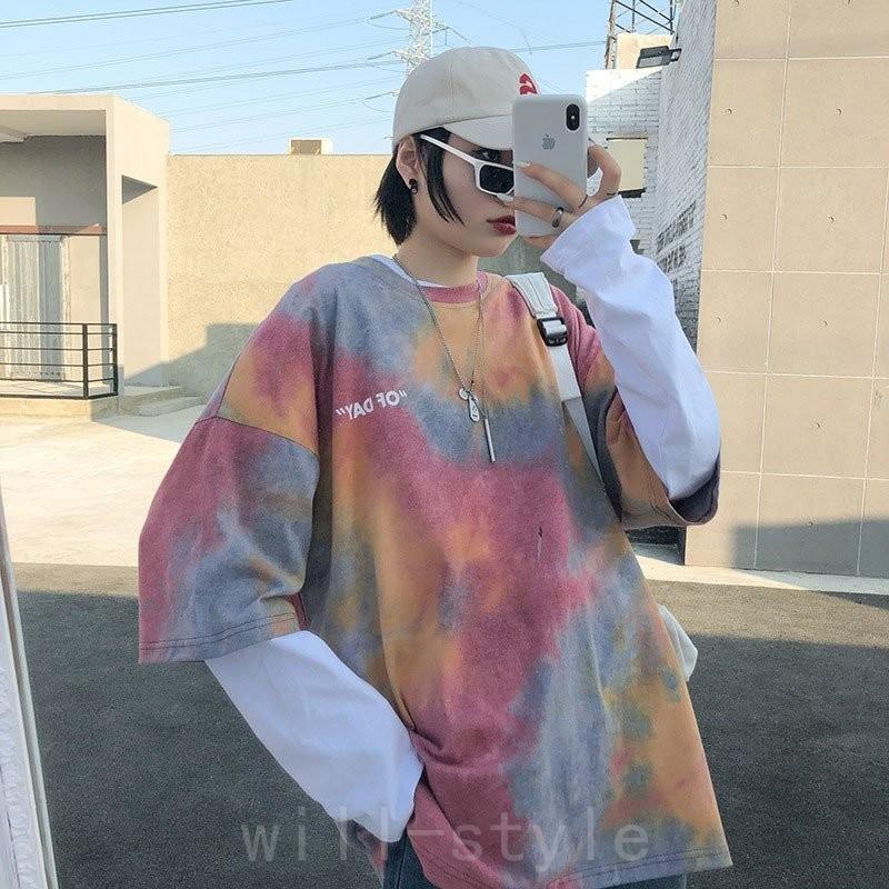 Tシャツ レディース タイダイ柄 半袖 夏 ゆるい トップス カジュアル 韓国ファッション 原宿系 Bf風 ダンス ストリート風 91 Off ヒップホップ
