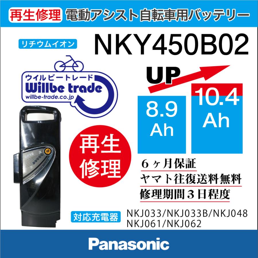 電動自転車　パナソニック　Panasonic　バッテリー　NKY450B02B　（8.9Ah→10.4Ah)電池交換・6か月保証　往復送料無料・無料ケース洗浄サービス｜willbe-trade