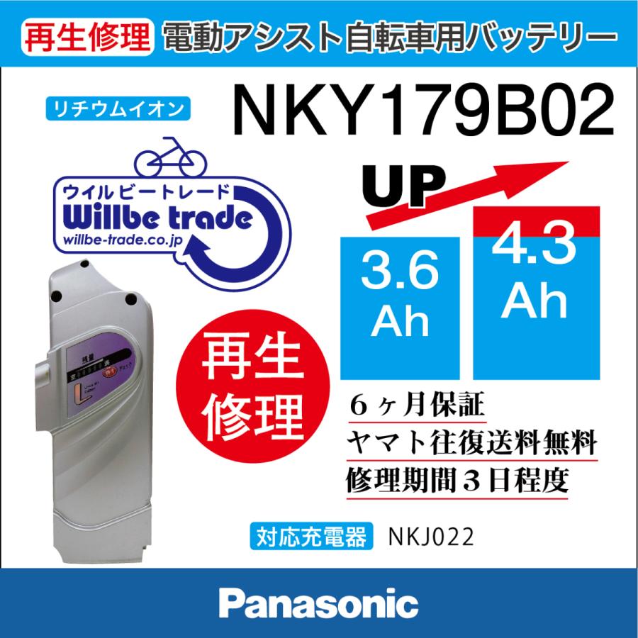 電動自転車　パナソニック　Panasonic　バッテリー　NKY179B02(3.6→５.2Ah)　電池交換・6か月保証　往復送料無料・無料ケース洗浄サービス｜willbe-trade