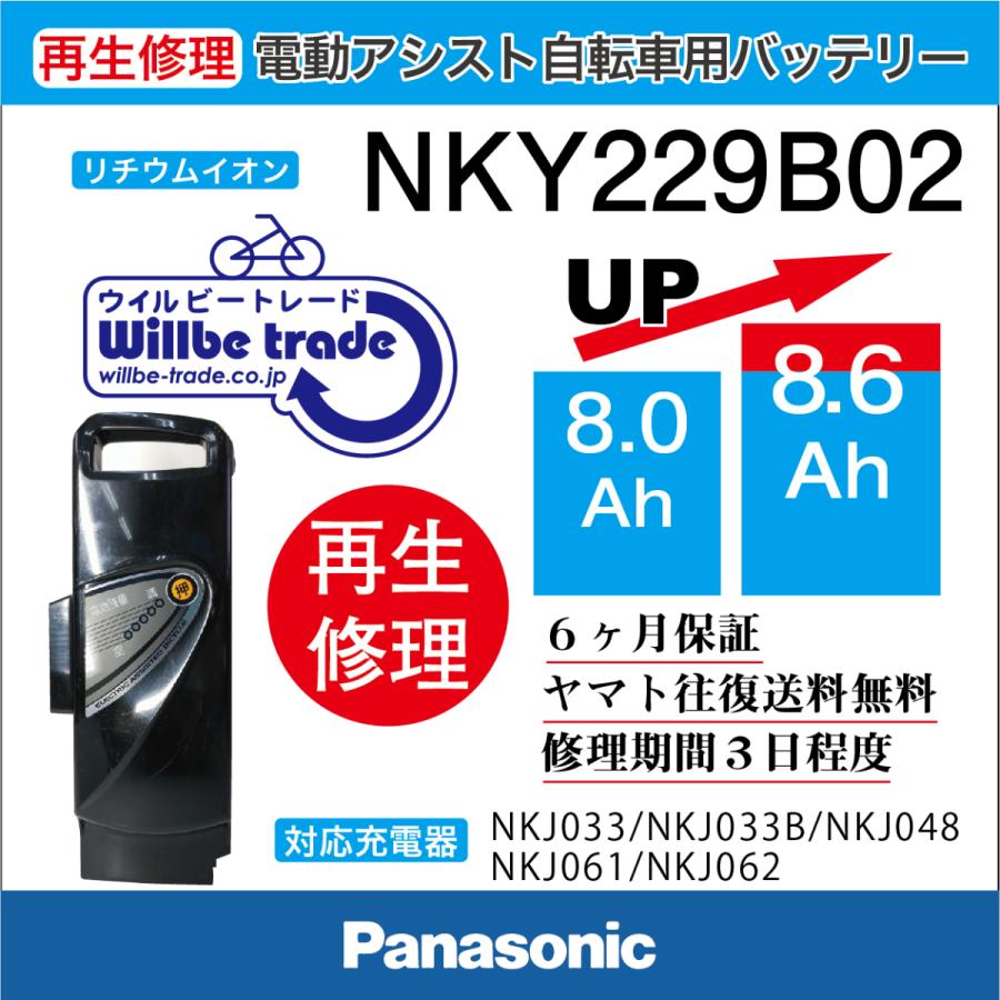 電動自転車　パナソニック　Panasonic　バッテリー　NKY229B02(８.０→10.4Ah)電池交換、往復送料無料、6か月保証、無料ケース洗浄サービス｜willbe-trade
