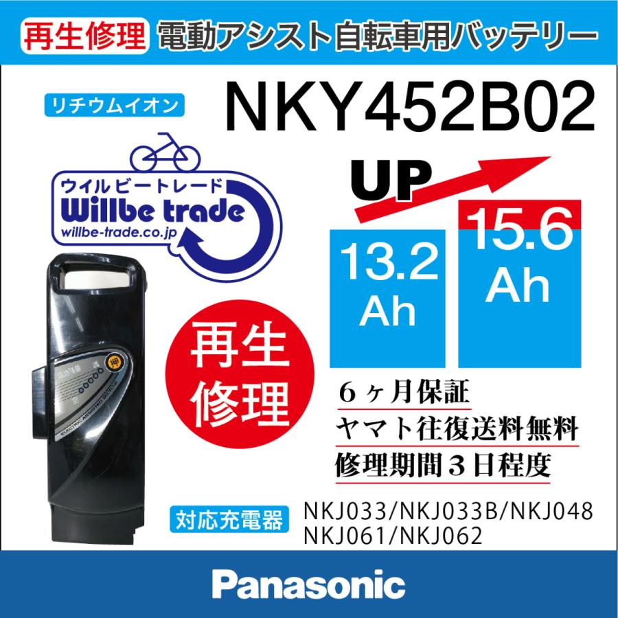 電動自転車　パナソニック　Panasonic　バッテリー　NKY452B02(13.2→15.6Ah）Ah)電池交換、往復送料無料、6か月保証、無料ケース洗浄｜willbe-trade