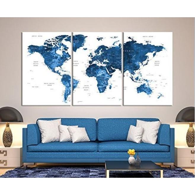 日本産 ウォールアート Navy Blue 世界地図 白色の背景 キャンバス プリント ホーム リビングデコレーション 27x40インチ X3パネル 正規輸入品 公式の Zoetalentsolutions Com