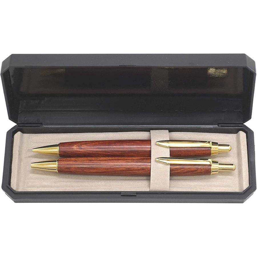 日本製木軸レトロ・ボールペンシャープペン2本セット 高級ケース入 花梨木軸ノック式レトロ調ボールペンとシャープペン 1本毎に柄の異なる日本製
