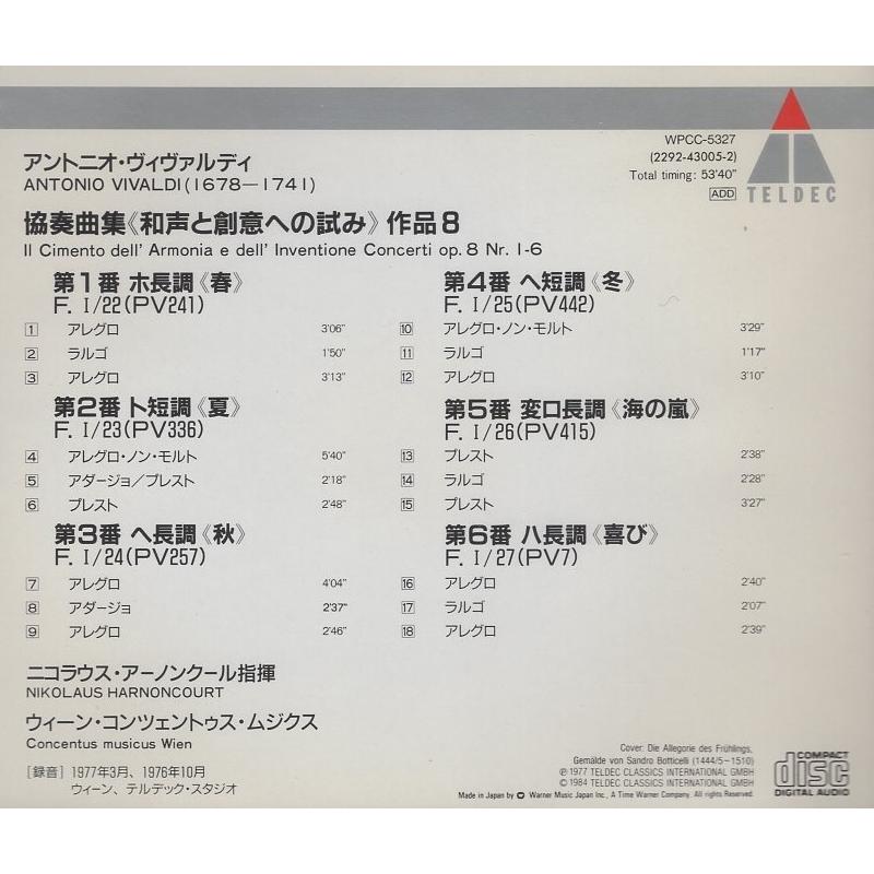 ヴィヴァルディ:協奏曲集「和声と創意への試み」Op.8 より第1-6番
