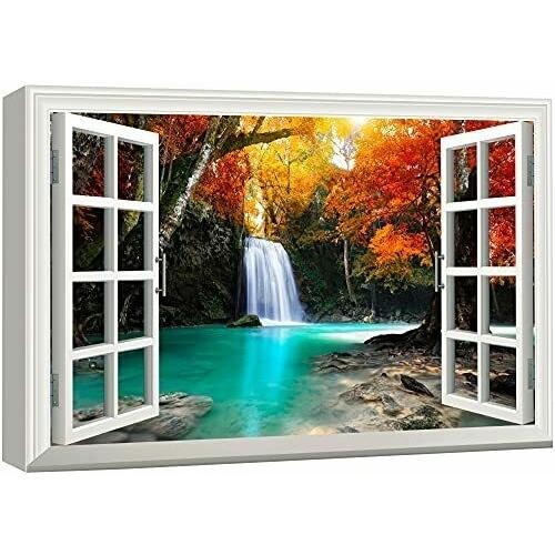 パネルアート Wall 26-Waterfall in The Forest with Red Trees-Canvas Art Wall Art -