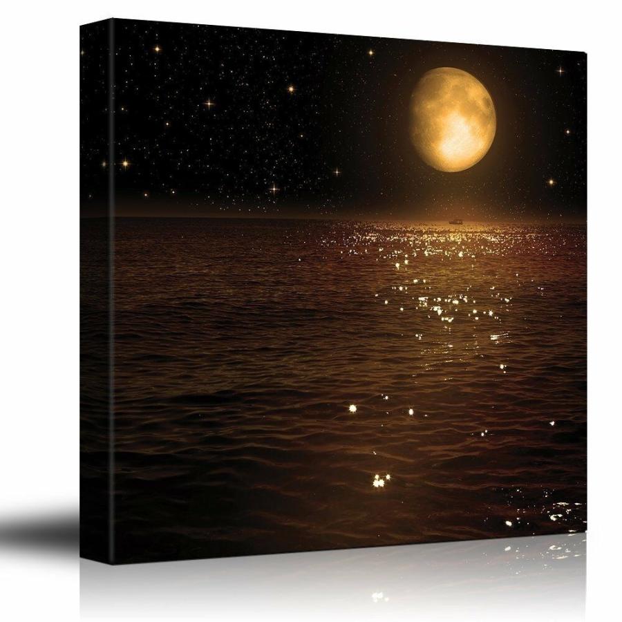 星空と海のキャンバスアート　祝迎星 パネルアート 黄金の月と明るい星 夜の海を照らす-キャンバスアート