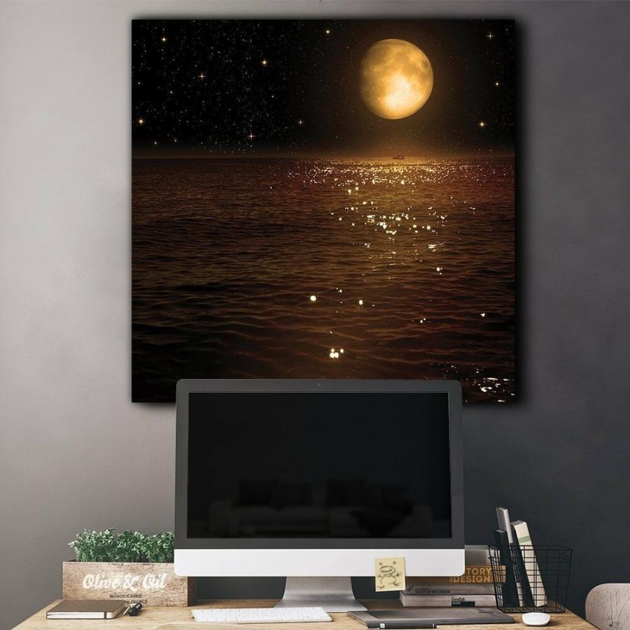 パネルアート 黄金の月と明るい星 夜の海を照らす-キャンバスアート