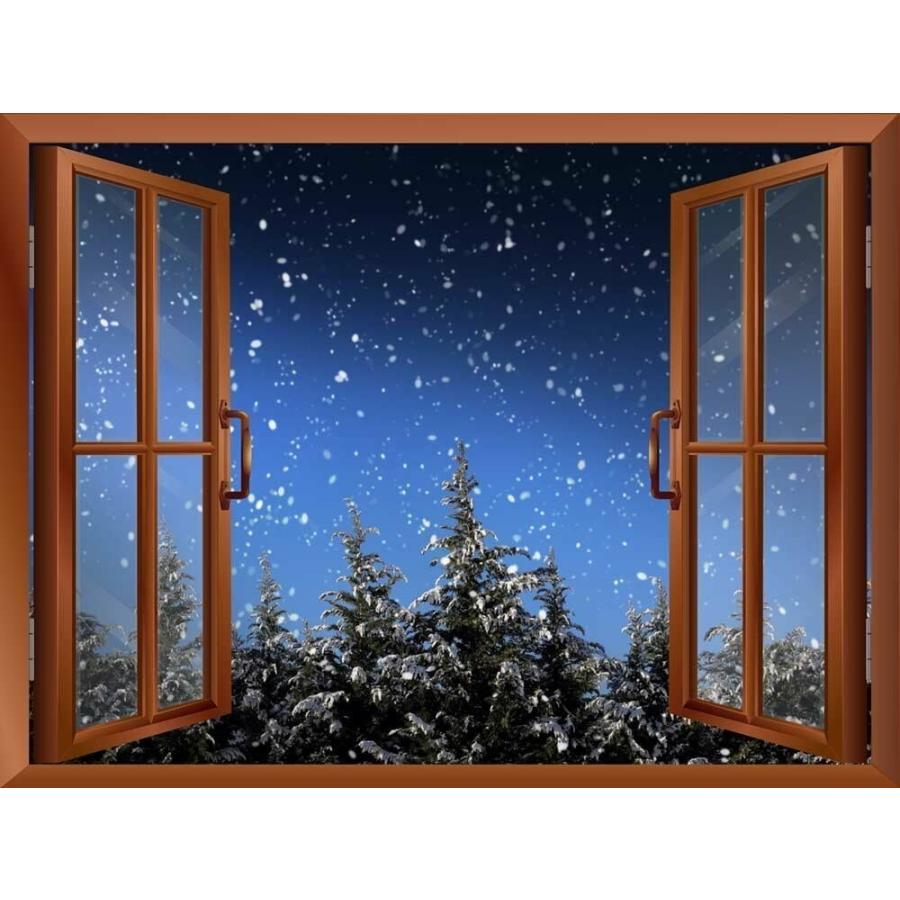 パネルアート 窓の外の雪と松の木で静かなクリスマスイブ-壁画 - 24x32