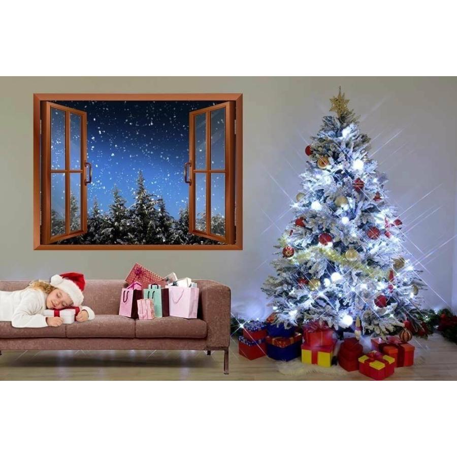 パネルアート 窓の外の雪と松の木で静かなクリスマスイブ-壁画 - 24x32