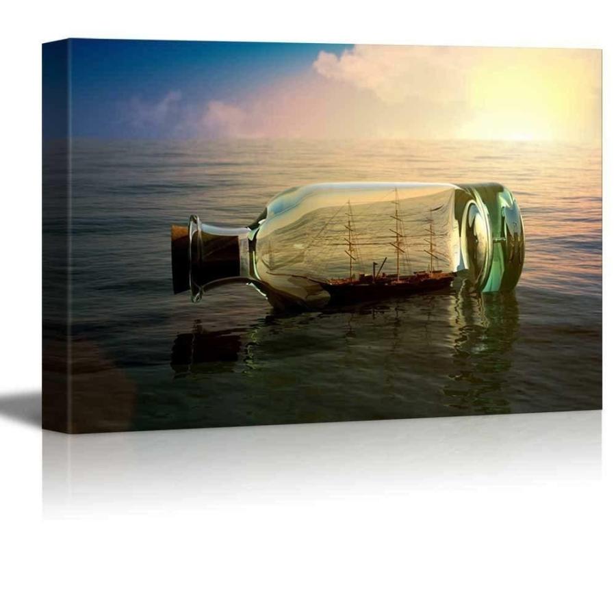パネルアート Wall 26-Ship in a Drifting Bottle at Sea Retro Style-CVS - 32インチ x 4