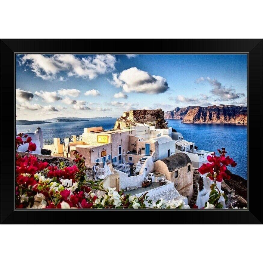 ダイアログボックス工芸 The town of Oia, Santorini, Greece Black Framed Wall Art Print, Arch ファブリックパネル-家具、インテリア-ウォールデコレーション