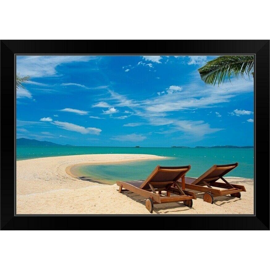 パネルアート Sunshine beach with two beach chair in Black Framed Wall Art Print,