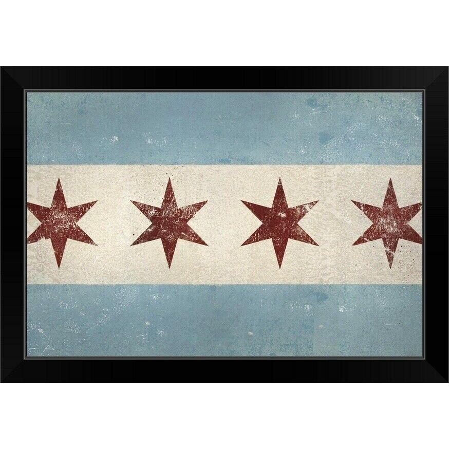 ダイアログボックス工芸 Chicago Flagブラックフレームウォールアートプリント 、 Flag Home Decor- show original tit ウォールデコレーション-家具、インテリア-ファブリックパネル