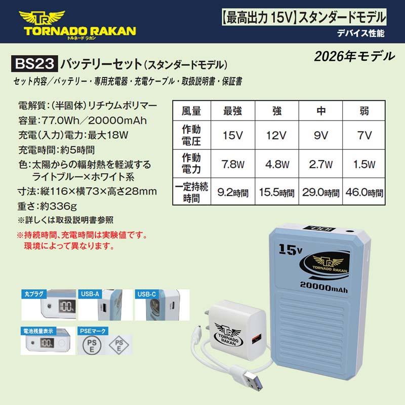トルネードラカン 2026年モデル 15V高出力 4段階電圧切替 20000mAh