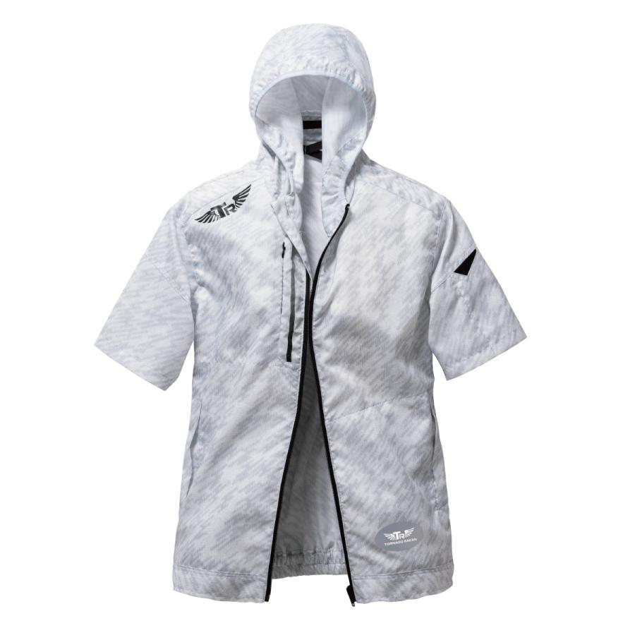 空調作業服 熱中症 熱中症対策 服のみ 白地に縦縞ストラップ柄プリント 激涼の通風性 便利な電池操作 ポリエステル100% フード付き半袖 トルネードラカン TR1671 |  | 01