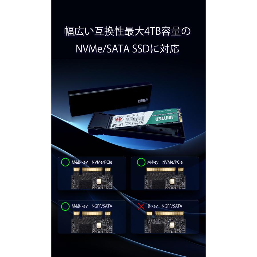 【外付けケースセット】WINTEN SSD M.2 2TB【5年保証】NVMe PCIe Gen3x4 M.2 2280 3D NAND 最大転送速度4800MB/s 片面M Key 説明書 エラー訂正 WTPCIeU-2TB 6341の画像