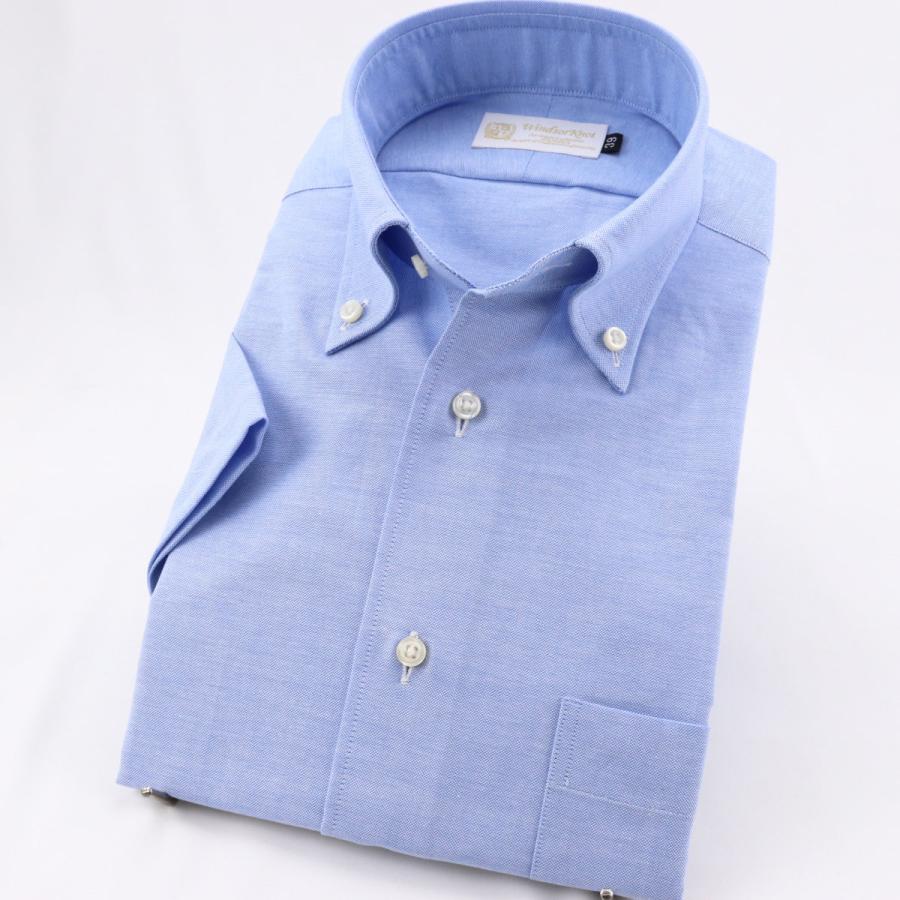 ワイシャツ 半袖 ボタンダウン シャツ オックス ブルー 無地 日本製 綿