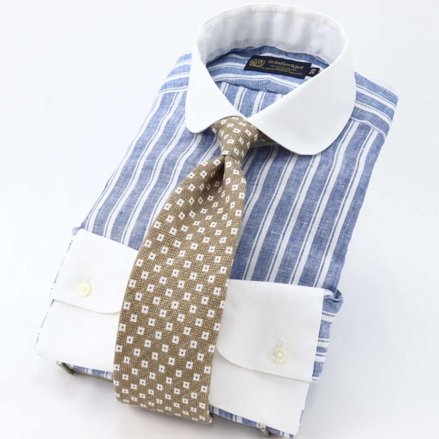 ワイシャツ ラウンドカラー クレリック リネン ネイビー ストライプ 麻