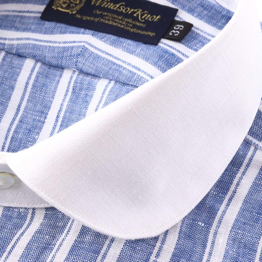 ワイシャツ ラウンドカラー クレリック リネン ネイビー ストライプ 麻