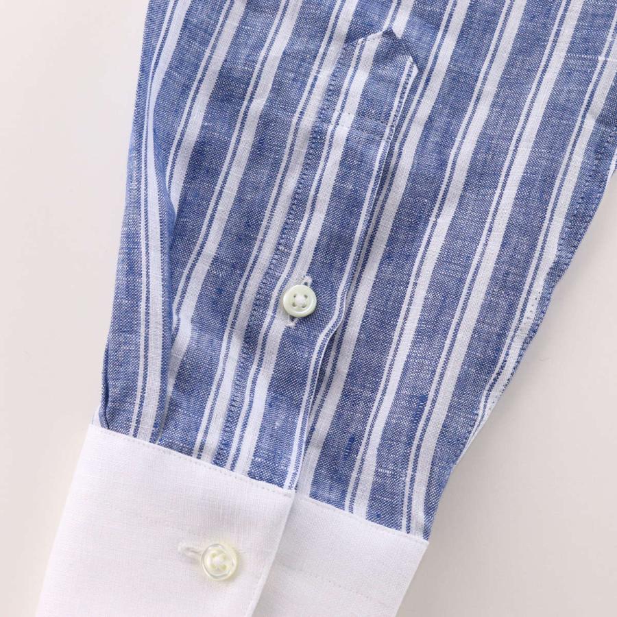 ワイシャツ ラウンドカラー クレリック リネン ネイビー ストライプ 麻