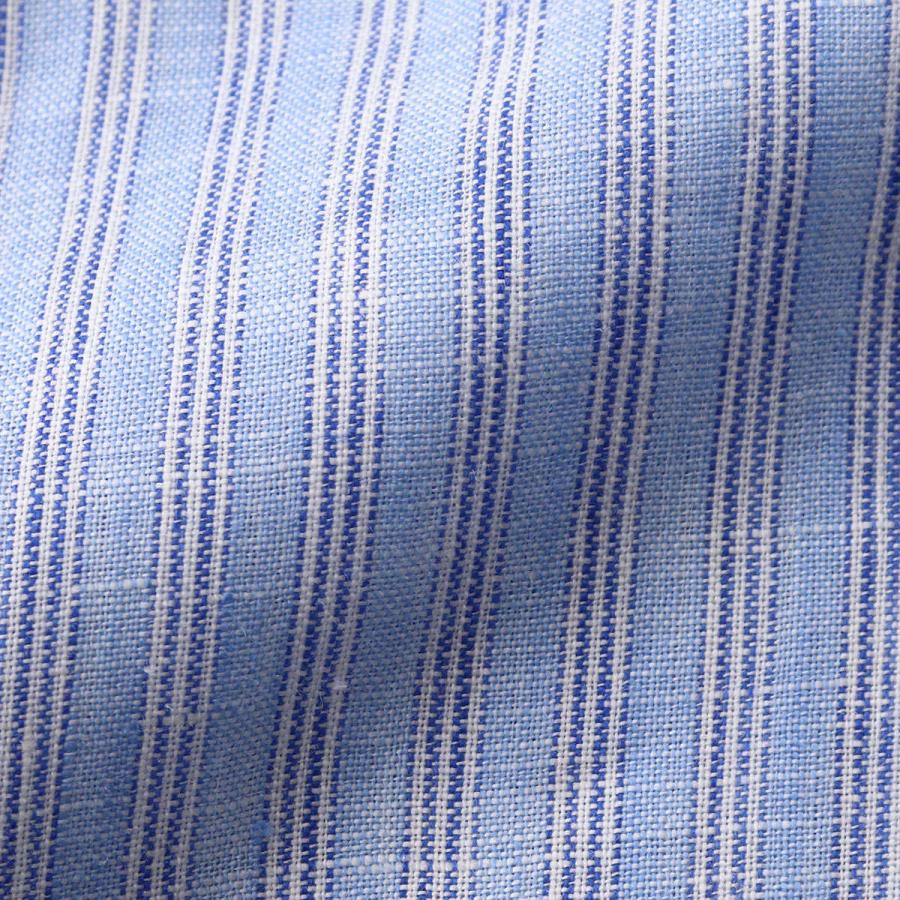 ワイシャツ タブカラー クレリック リネン ブルー ストライプ 麻100