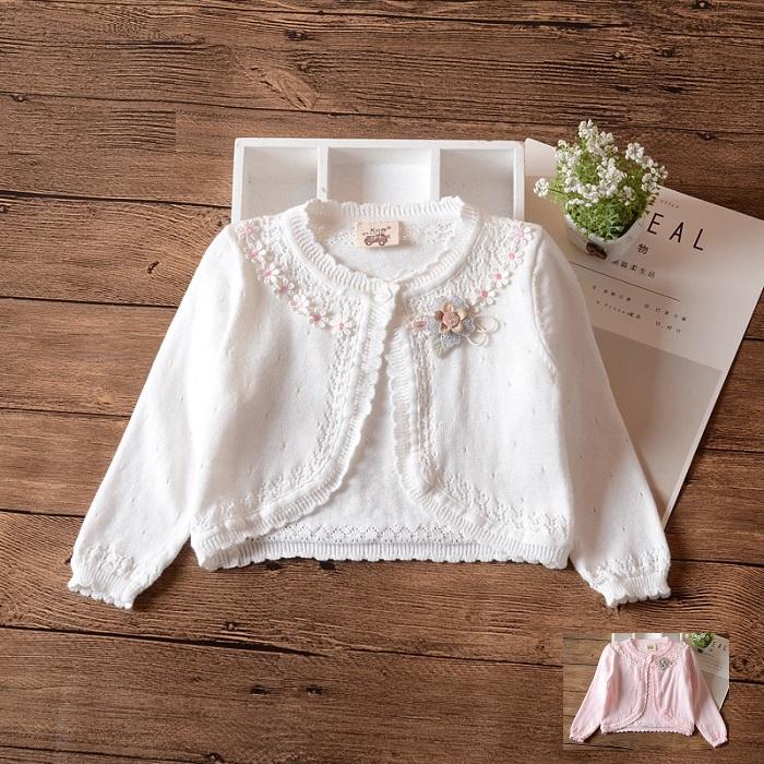 カーディガン 子供 子供服 送料無料 ニット刺繍 ボレロ ピンク 白