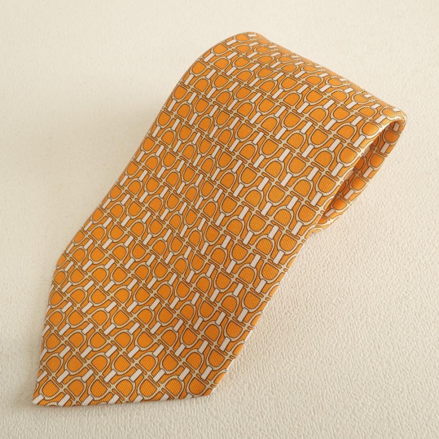 新品同様/ HERMES エルメス 5362 総柄 シルク100％ ネクタイ オレンジ