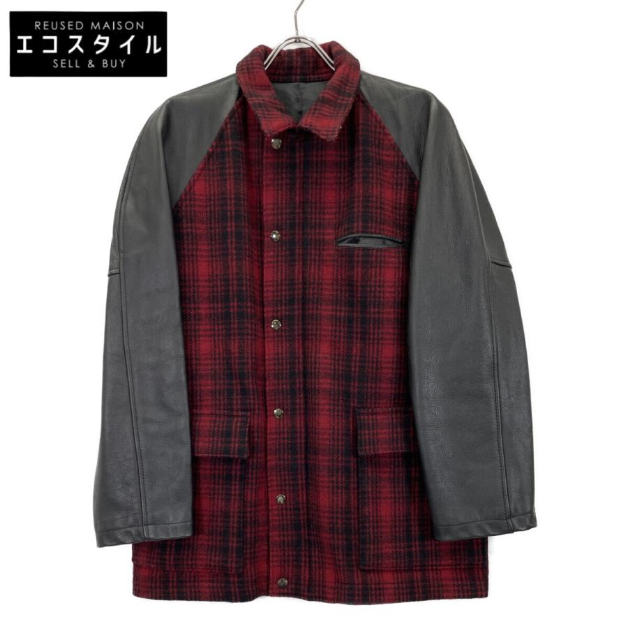 Y's for men ワイズフォーメン ブラック×レッド アームレザー チェック柄ウールジャケット 表記無し Y's for men ワイズフォーメン ブラック×レッド アームレザー チェック