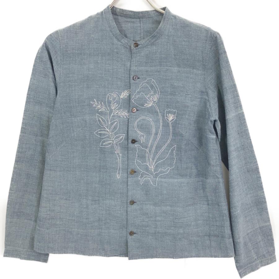 JURGEN LEHL ヨーガンレール グレー ノーカラー 花刺繍 シャツ ブルー トップス コットン レディース 中古_1