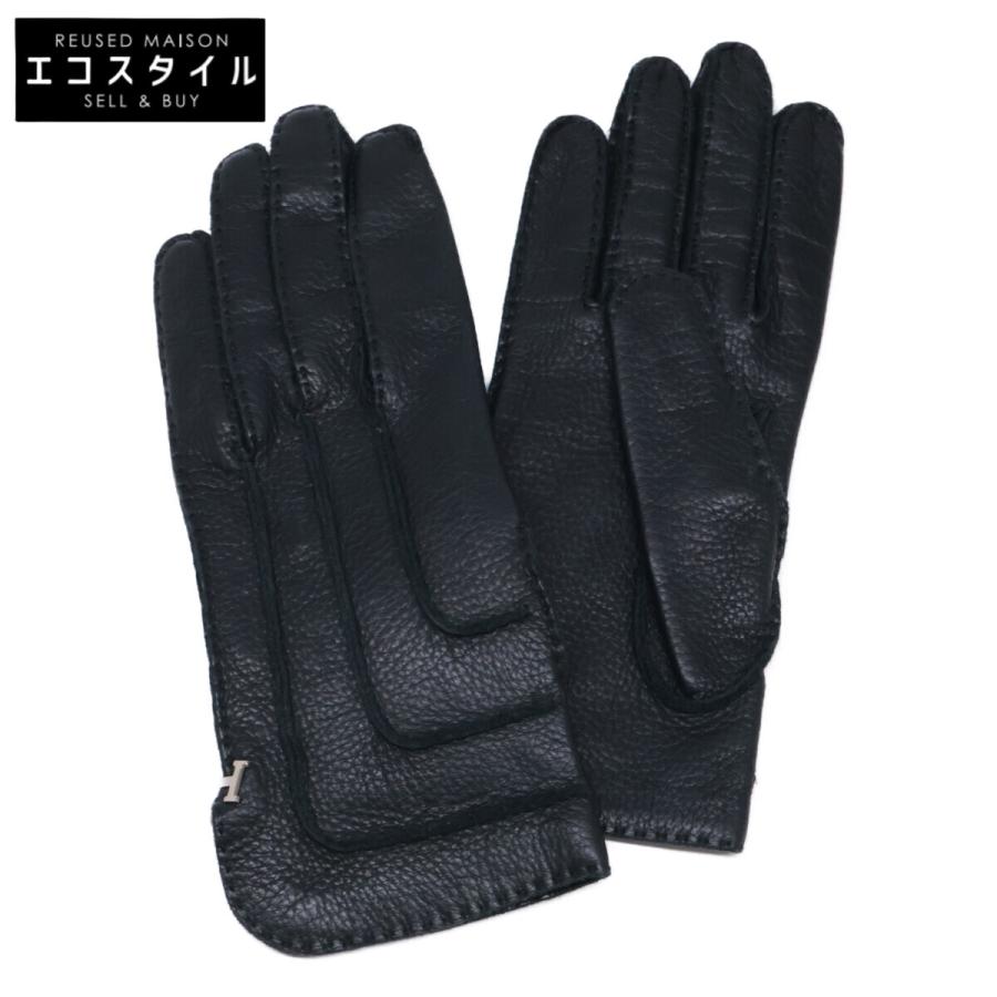 HERMES エルメス Hロゴ金具 ディアスキン グローブ 6 1/2 ブラック