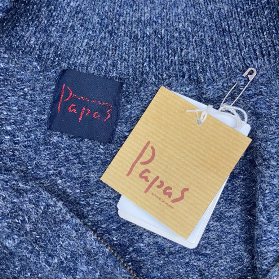 Papas パパス グレー ウール エンブレム ハーフジップ ニット ブルー