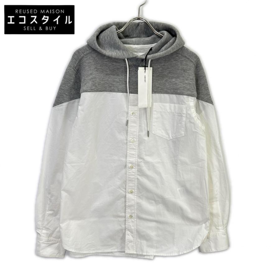 sacai（サカイ） SCM-026 ホワイト×グレー ドッキング シャツ フーディ 